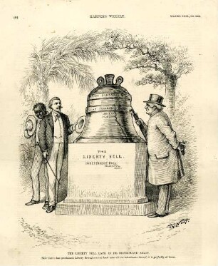 The Liberty Bell back in its birth- place again. Now that it has proclaimed Liberty throughout the land unto all the inhabitants thereof, it is perfectly at home : ein Nord- und ein Südstaatler sowie ein Afroamerikaner stehen gemeinsam bei der Liberty Bell in Philadelphia