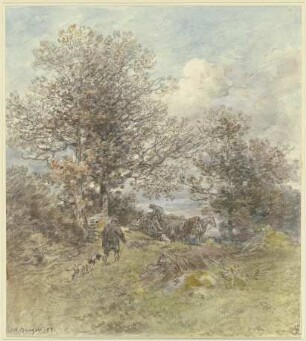 Landschaft mit Jäger und holzaufladendem Bauer