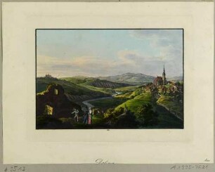 Dohna, südöstlich von Dresden, mit der Marienkirche und der Burgruine, nach Nordwesten, aus Richters "70 Mahlerischen An- und Aussichten ..."