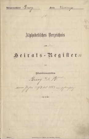 Dezennaltabellen 1873 - 1882 Heiraten Burg