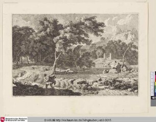 [Landschaft mit einem im Wind gehenden Mann; Landscape with man walking into the wind]