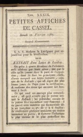 No XXXIX (Samedi 12 Février 1785)