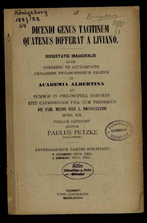 Dicendi genus Tacitinum quatenus differat a Liviano