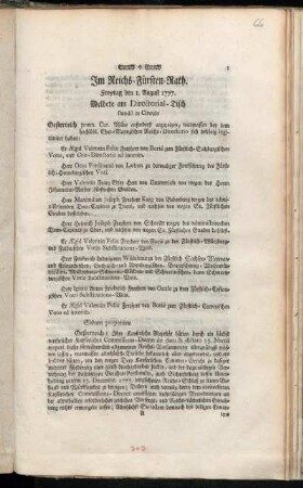 Im Reichs-Fürsten-Rath. Freytag den 1. August 1777. Meldete am Directorial-Tisch standô in Circulo