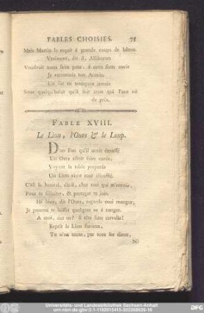 Fable XVIII. Le Lion, l'Ours & le Loup.