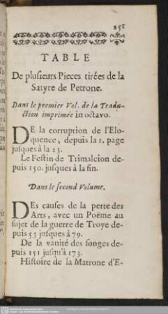Table De plusieurs Pieces tirees de la Satyre de Petrone