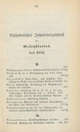 Alphabetisches Inhaltsverzeichniß des Gesetzblattes. Band XVIII