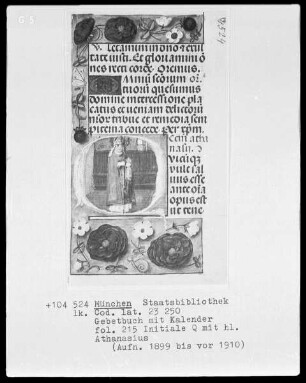 Gebetbuch mit Kalender — Initiale Q mit dem heiligen Athanasius, Folio 214verso