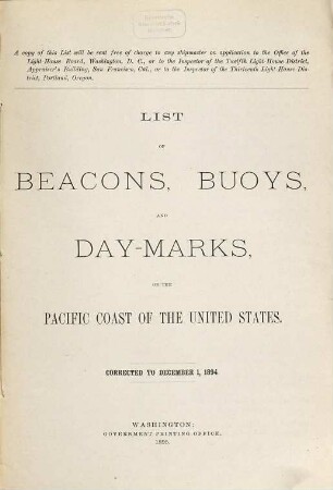 List of beacons, bouys, and day marks on the Pacific Coast of the United States. 1894, 1894 (1895)