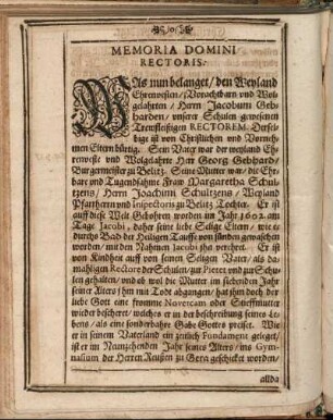 Memoria Domini Rectoris.
