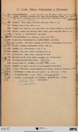 V. Gold, Silber, Edelsteine u. Schmuck (Nr. 485-505)