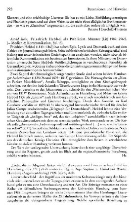 "Liebe, die im Abgrund Anker wirft", Autoren und literarisches Feld im Hamburg des 20. Jahrhunderts, hrsg. von Inge Stephan und Hans-Gerd Winter : Hamburg, Argument-Verlag, 1989