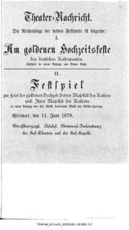 Festspiel zur Feier der goldenen Hochzeit Seiner Majestät des Kaisers und Ihrer Majestät der Kaiserin