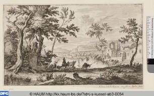 Landschaft mit Viehherde an einem Brunnen und Bauernhof
