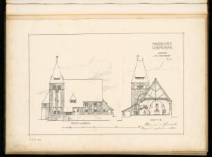 Märkische Dorfkirche Monatskonkurrenz Januar 1905: Aufriss Nordansicht, Querschnitt (Richtung Altar) 1:150; Maßstabsleiste