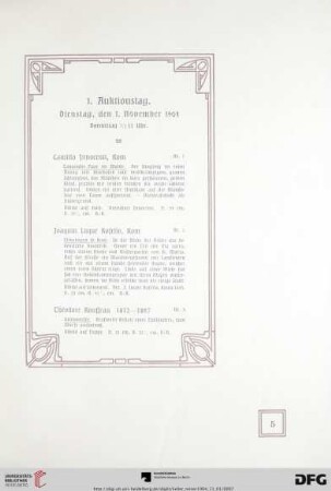 1. Auktionstag. Dienstag, den 1. November 1904. Vormittag ½ 11 Uhr (Nr. 1-60)