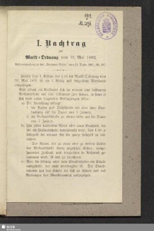 I. Nachtrag zur Markt-Ordnung vom 31. Mai 1907