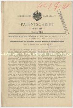 Patentschrift einer Sicherheitsvorrichtung zur Verhinderung unrichtiger Wägungen an selbsttätigen Waagen, Patent-Nr. 131335