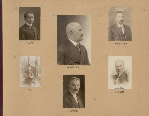 Bl. 13: Fotografien der Mathematiker Dénes König, Stefan Bohniček, Karl Goldziher, Julius Pál, Robert König und Severin Wigert, 1920 - 1922