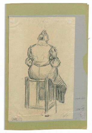 Auf einem Hocker sitzende Dame in Rückenansicht