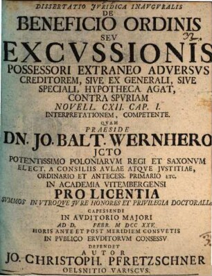 Diss. iur. inaug. de beneficio ordinis seu excussionis possessori extraneo adversus creditorem ... competente