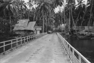 Brücke über den Hupbras : Blick über eine Brücke zu einer indonesischen Fischersiedlung unter Palmen