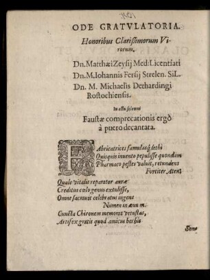 Ode Gratulatoria ... Dn. Matthaei Zeysii ... Dn. M. Iohannis Fersii ... Dn. M. Michaelis Dethardingi ...