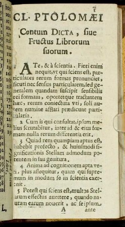 Cl. Ptolomæi Centuim Dicta, siue Fructus Librorum suorum.