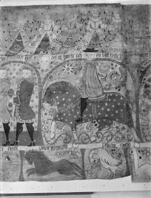 Wandbehang aus Südschweden (Bonad) — Detail: einer der heiligen drei Königen sowie Fabeltiere