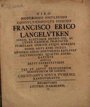 Exercitatio de usu et abusu profanorum scriptorum in sacris