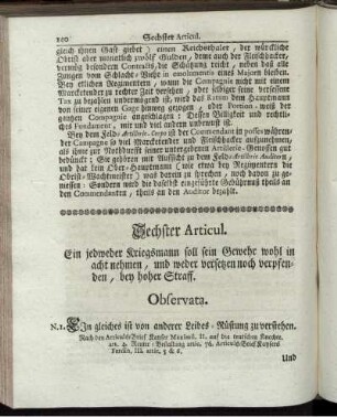 Sechster Articul. Ein jedweder Kriegsmann soll sein Gewehr wohl in Acht nehmen ...