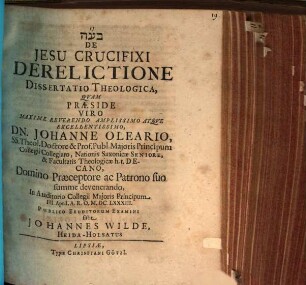 De Jesu Crucifixi Derelictione Dissertatio Theologica