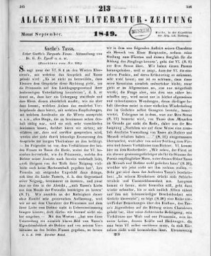 Eysell, G. F.: Über Göthes Torquato Tasso. Rinteln: Bösendahl 1849 (Beschluss von Nr. 212)