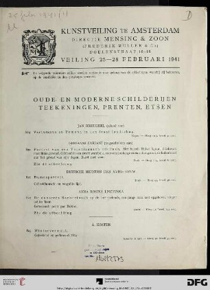 Fortsetzung: Catalogus van oude en moderne schilderijen, teekeningen: Oude en moderne schilderijen, teekeningen, prenten, etsen : veiling: 25 - 28 februari 1941