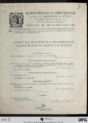 Fortsetzung: Catalogus van oude en moderne schilderijen, teekeningen: Oude en moderne schilderijen, teekeningen, prenten, etsen : veiling: 25 - 28 februari 1941