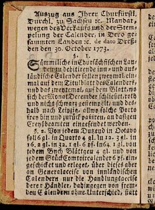 Auszug aus Ihrer Churfürstl. Durchl. zu Sachsen [et]c. Mandat, wegen des Verkaufs und der Stempelung der Calender [...]
