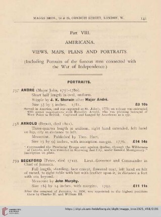 Part VIII. Americana. Views, Maps, Plans and Portraits (Nr. 757-845)