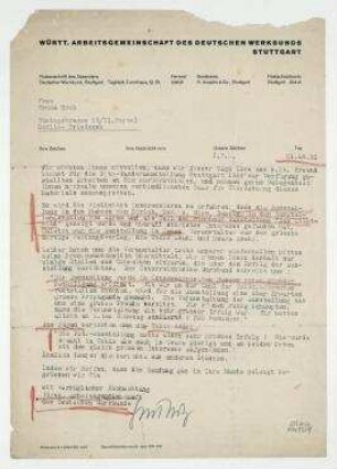 Brief der Württ. Arbeitsgemeinschaft des Deutschen Werkbunds, gez. Gustav Stotz. an Hannah Höch. Stuttgart. Briefkopf: "WÜRTT. ARBEITSGEMEINSCHAFT DES DEUTSCHEN WERKBUNDS [...]".