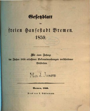 Gesetzblatt der Freien Hansestadt Bremen, 1859. - 1860