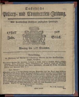 52tes Stueck, Montag den 30ten December. 1782