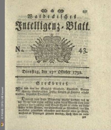 No. 43. Dienstag, den 23ten Oktober 1792