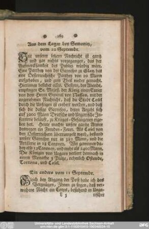 Aus dem Lager bey Semonitz vom 10 Septembr.