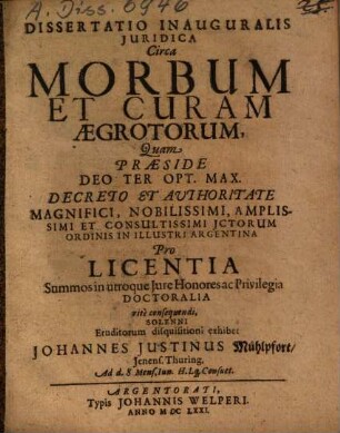 Dissertatio Inauguralis Iuridica Circa Morbum Et Curam Aegrotorum