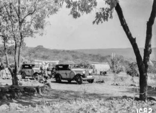 Wagenkolonne : Expeditionsfahrzeuge auf einer Landstraße in einer Savannenlandschaft