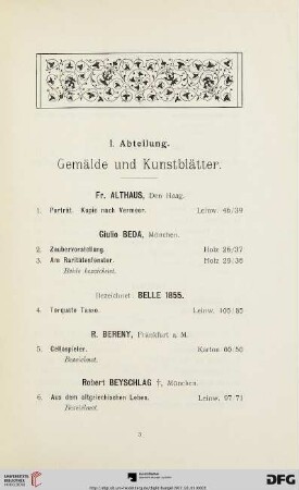 I. Abteilung: Gemälde und Kunstblätter (Nr. 1 - 179)