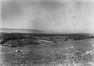 Blick in eine Landschaft : Blick in eine Senke von einem Hügel aus. Im Vordergrund Grasland, links und rechts Wald, im Mittelgrund Plantagen, im Hintergrund ein Höhenzug.