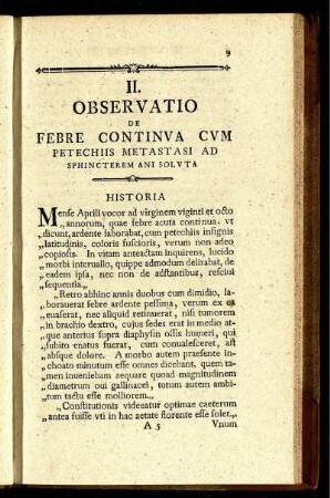 II. Observatio de febre continua cum petechiis metastasi ad ...
