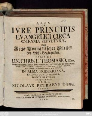 De Ivre Principis Evangelici Circa Solennia Sepvltvræ