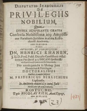 Disputatio Inauguralis De Privilegiis Nobilium