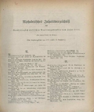 Alphabetisches Inhaltsverzeichniß des Großherzoglich Hessischen Regierungsblattes vom Jahre 1870